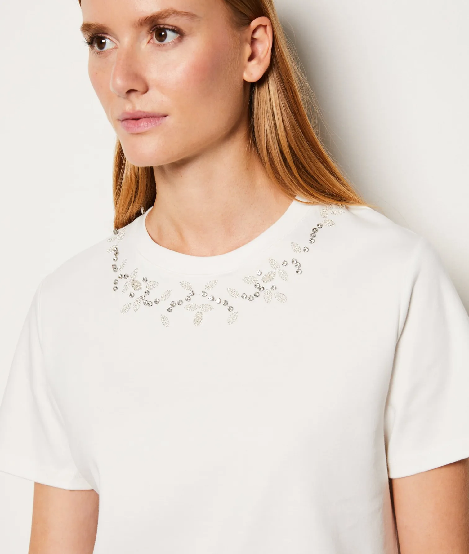 Etam T-shirt manches courtes en coton col pailleté ECRU Best