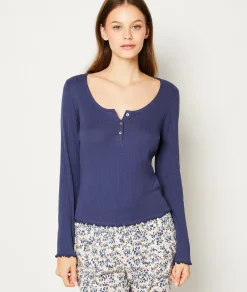 Etam T-shirt manches longues boutons sur le décolleté MARINE Shop
