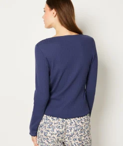 Etam T-shirt manches longues boutons sur le décolleté MARINE Shop
