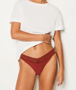 Etam V-shape Tanga in Microfiber and Lace Brown Fashion