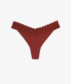 Etam V-shape Tanga in Microfiber and Lace Brown Fashion