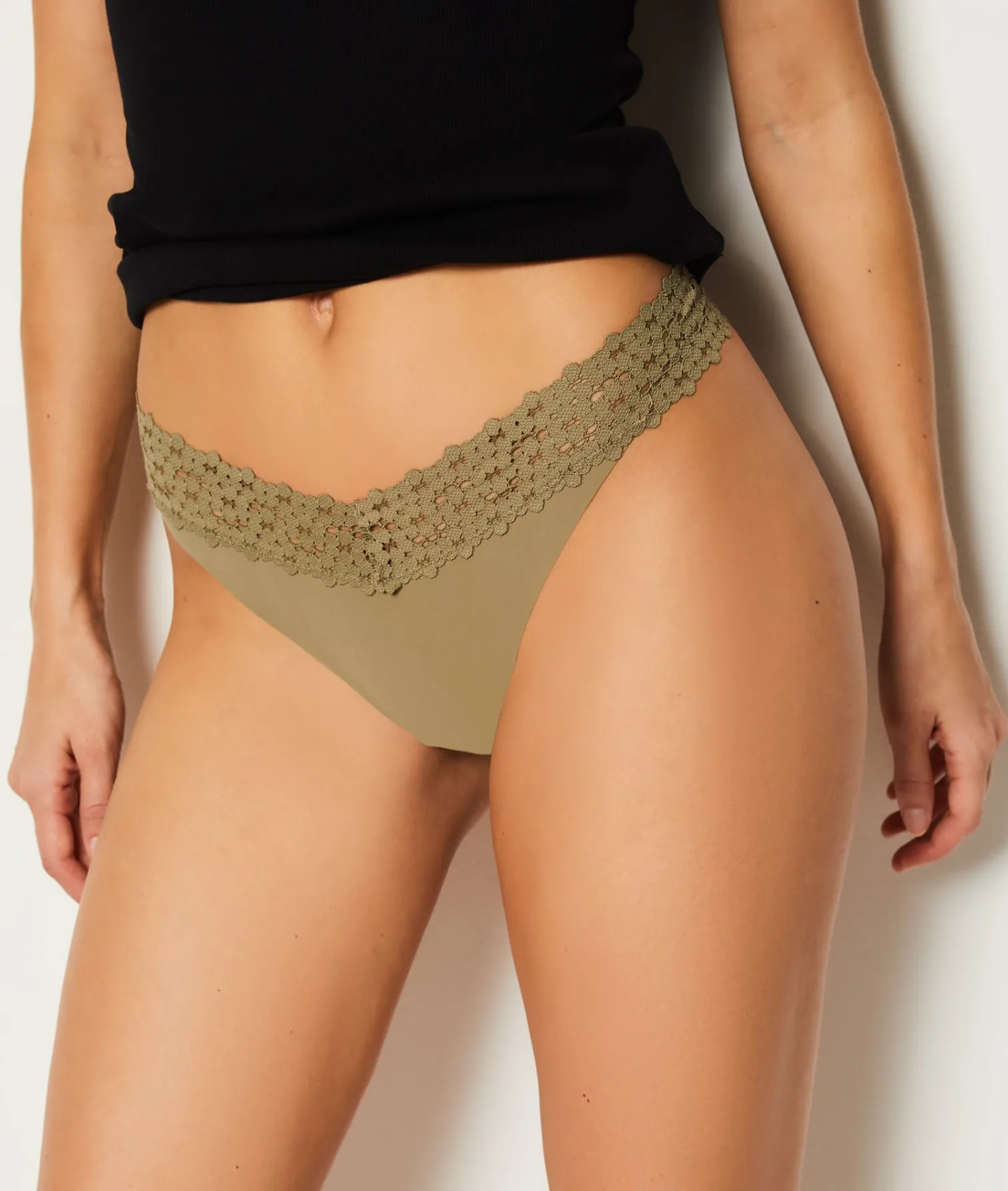 Etam V-shape Tanga in Microfiber and Lace KHAKI Outlet