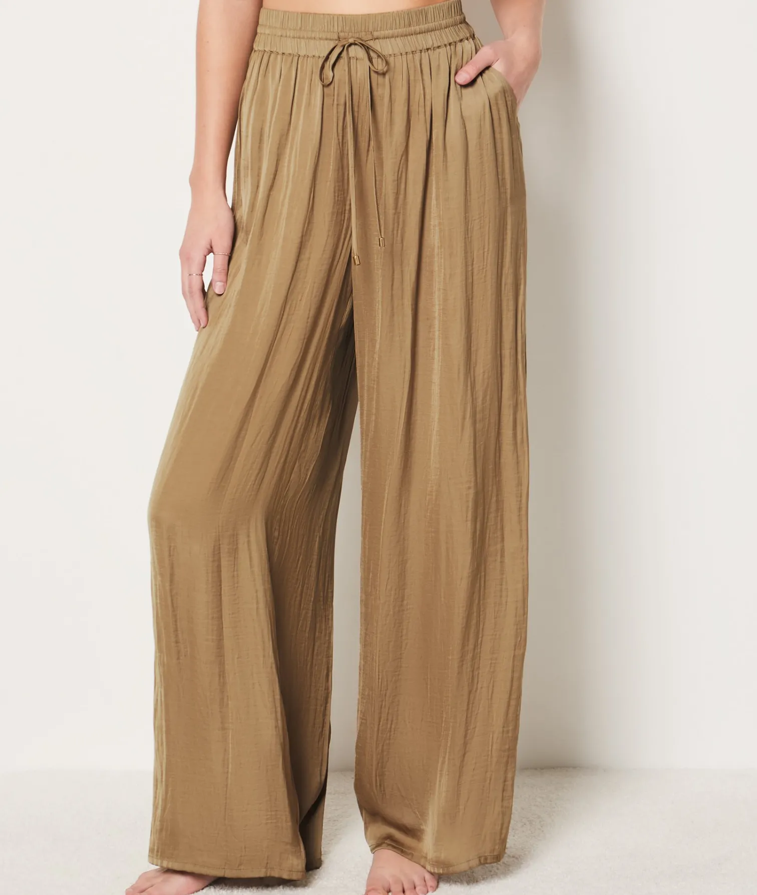 Etam Wide Cut Satin Trousers GREEN Flash Sale