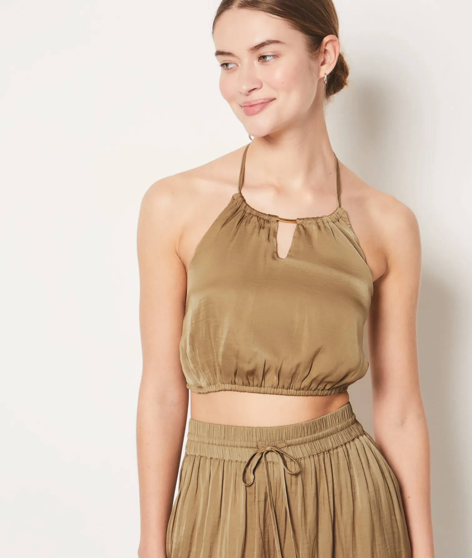 Etam Wide Cut Satin Trousers GREEN Flash Sale