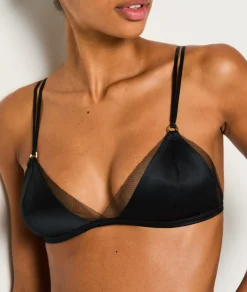 Etam Wireless Triangle Bra in Silk with Tulle Details BLACK Store