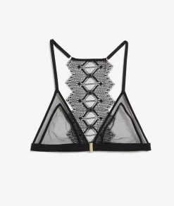 Etam Wireless Triangle Bra in Tulle with Lace Back BLACK Flash Sale